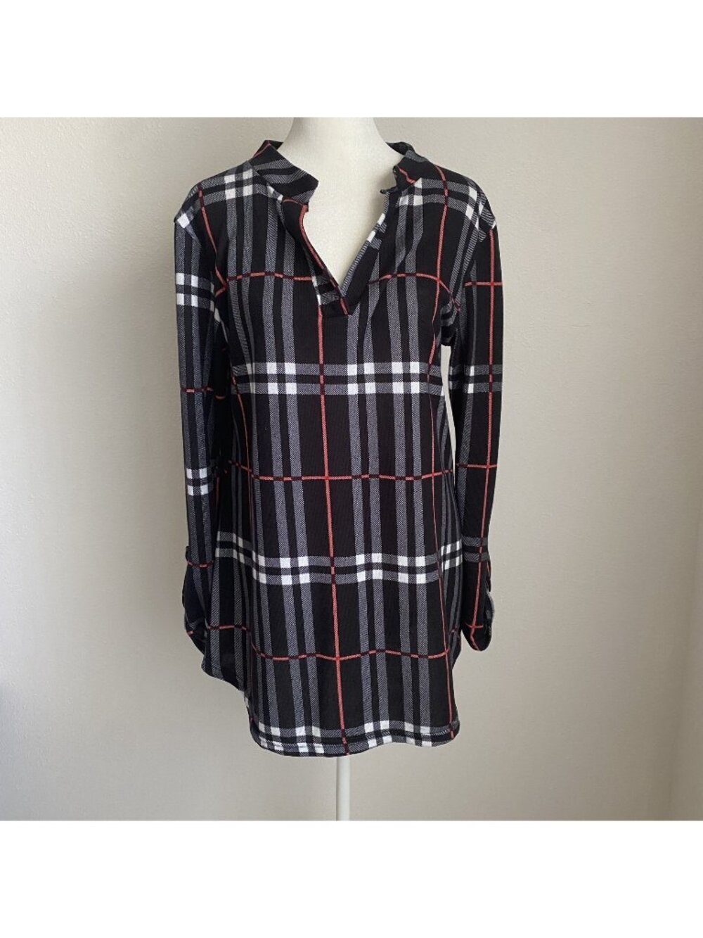 Lildy Women's S-M Tunic 2/3 Sleeve V-Neck Plaid Shirt Pullover Soft